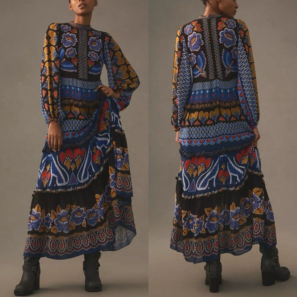 FARM RIO Ainika Dress XS Blue Floral Maxi Chiffon Long Sleeve (Didn’t wear)